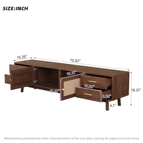 Modern TV Stand 70 in with Rattan Doors for TVs up to 80 Inch, Wood Media Console with 4 Storage Drawers and Cable Management, Dark Brown Entertainment Center for Living Room or Apartment Setup - color: Dark Brown-k