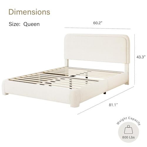 BarnFurin Queen Bed Frame, Cloud Boucle Headboard, Rounded Corners, Cream | Soft boucle and rounded edges create a low-profile cloud look. Wooden slats support the mattress without a box spring - color: Cream, size: Queen