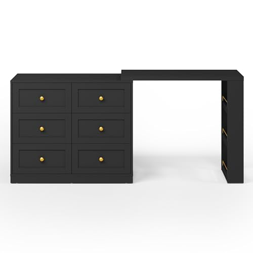 RoyalCraft Vanity Desk and Dresser Combo, 67" Extendable Big Makeup Vainty with 6 Drawer Dresser and 3 Side Shelves, Wood Corner Vanity for Bedroom, Dressing Table for Women Girlfriend, Black