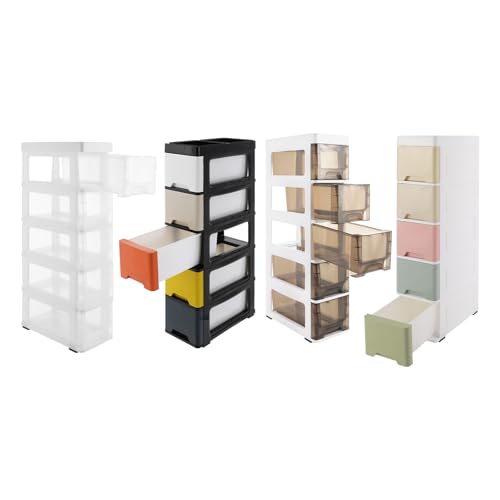 5 Drawers Storage Cabinet, Bathroom Narrow Slim Tower with Drawer & Wheels, Freestanding PP Organizer for Small Spaces, Vertical Storage for Toiletries Towels, White