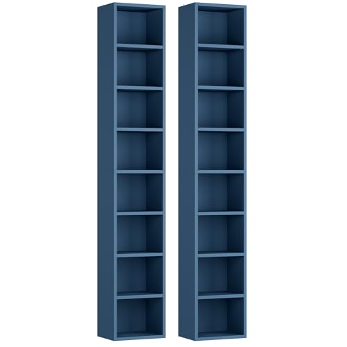 FOTOSOK 2 Pcs 71'' Tall Narrow Bookshelf, 8-Tier Media Tower Rack Set of 2 | CD DVD Storage Cabinet with Adjustable Shelves, Tall Narrow Bookcase Skinny Display Bookshelf Slim Shelf, Blue - color: Blue