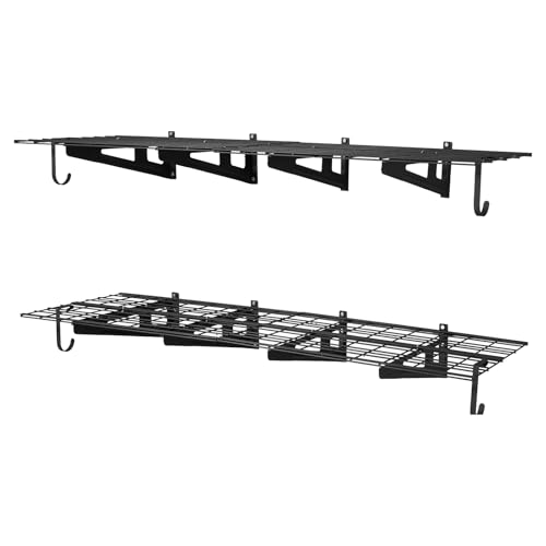 VEVOR 2-Pack Heavy Duty Garage Wall Shelving, 2 x 6 ft Steel Wall Mounted Shelving Unit with Hooks, 24 x 72 Inch Per Shelf Floating Storage Metal Rack, 1000 lbs Total Weight Capacity - size: 2×6 ft