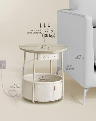 VASAGLE LILEA Collection - Side Table with Charging Station, Round End Table with Fabric Basket, Nightstand with USB Ports, for Living Room, Bedroom, Modern, Cream White ULET228N01 - color: Cream White