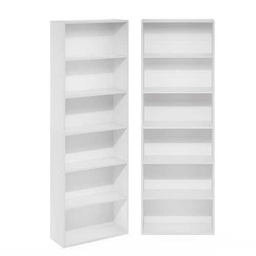 Furinno Jaya Book Shelf Set of 2, 6-Tier Bookshelf, Bookcase, 9.5 x 24.6 x 71, for Home Office, Living Room, White - color: White, size: Set of 2, 6-Tier
