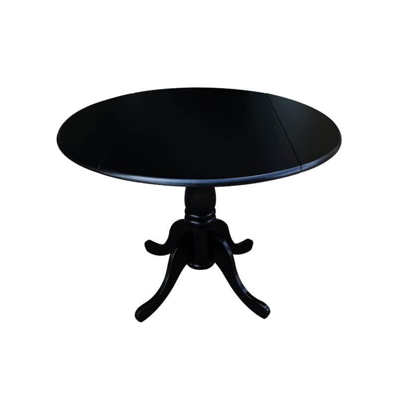 IC International Concepts, 42" Round Dual Drop Leaf Pedestal Dining Table, Solid Wood, Real Parawood, 42" W x 42" D x 29.5" H, Easy Assembly, Black - color: Black