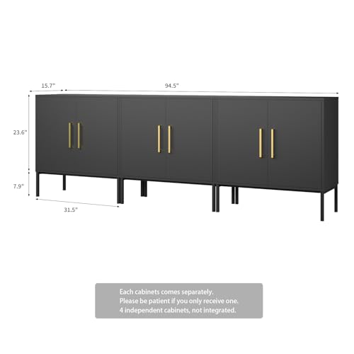 Set of 3 Storage Cabinets with Adjustable Shelf and Gold Handle, Black丨Buffet Cabinet with Storage, Accent Cabinet with Metal Legs, Sideboard Cabinet for Living Room, Bedroom, Hallway, Entryway - color: Black, size: 3 Pack