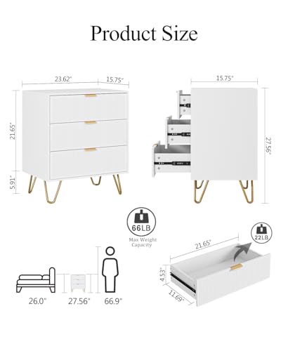 3 Drawer Dresser for Bedroom, 27.6" Modern Storage Dresser, White | Modern Chests of Drawers, Small Storage Bedroom Dresser with Gold Handles, Large Fluted Nightstand with 3 Drawers for Bedroom - color: White