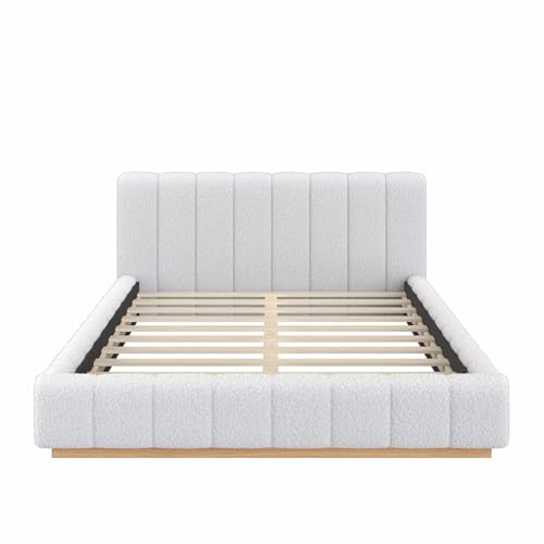Majnesvon Queen Size Upholstered Bed Frame, Soft Boucle Bed Frame with Headboard, Low Profile White Platform Bed with Wood Base - size: Queen (U.S. Standard)