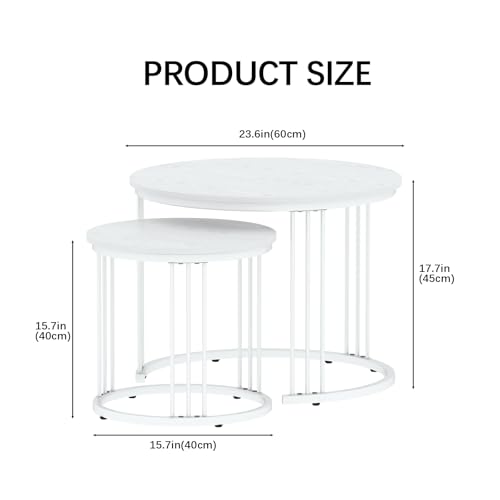 Nesting Coffee Table, 23.6" Round Coffee Table Set of 2, Wooden Nesting Table with Metal Frame, Ceter Tables for Living Room Bedroom Balcony, White - color: White