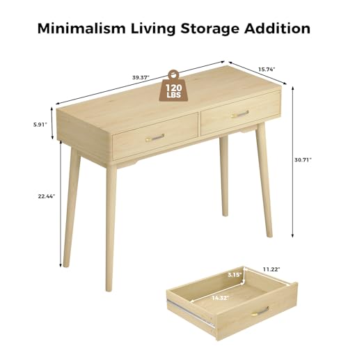 Small Wood Desk with Drawers, 40 Inch Vanity Desk no mirror, Writing Desk | FUNKOCO Study Desk with 4 Solid Legs, Modern Computer Desk for Small Spaces, Home Office - color: Wood