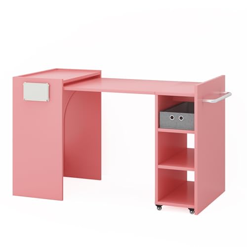 smilesun Folding Dining Table, Wall Mount Foldable Kitchen Table w/Fabric Drawer & Adjustable Storage Shelf, Space Saving Compact Expandable Pull Out Table for Small Spaces, Pink - color: Pink