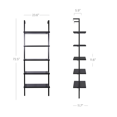 Nathan James Theo 5-Shelf Black Modern Bookcase, Open Wall Mount Ladder Bookshelf with Industrial Metal Frame - color: Theo Black, size: Set of 1