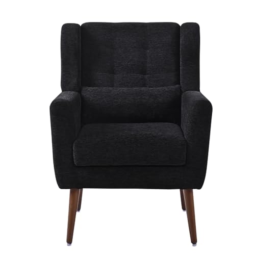 Accent Chair Set of 2, Upholstered Armchair with Pillow, Fabric Single Sofa Chair with Lounge Seat and Wood Legs Accent Chair for Living Room Small Spaces (Black, Set of 2) - color: Black, size: Set of 2