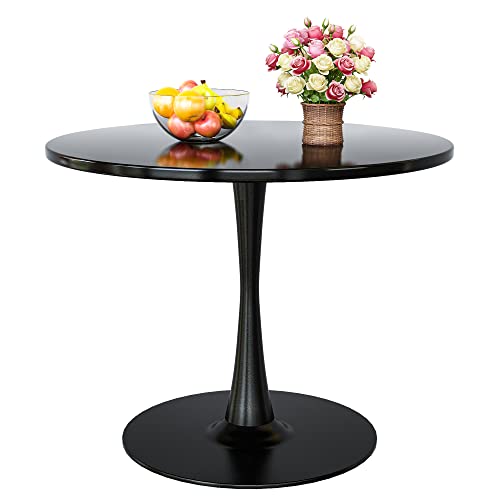 Recaceik Modern Round Dining Table, 31.5'' Tulip Table with MDF Table Top & Metal Pedestal Base for Dining Room Living Room Cafe, Kitchen Table w/ 0.71” Thickened Tabletop for 2-4 People, Black - color: Black