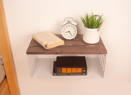 Floating Nightstand with White Metal Base, Wooden Top and Sturdy Metal Base, Minimalist Bedside Table, Wall Mounted Shelf, Bedside Shelf (London) - color: London
