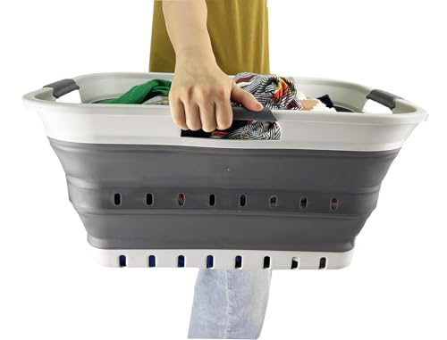 SAMMART 42L (11 gallon) Collapsible Plastic Laundry Basket - Foldable Pop Up Storage Container/Organizer - Portable Basket - Space Saving Hamper/Basket (2, Grey/Steel Grey) - color: Grey/Steel Grey