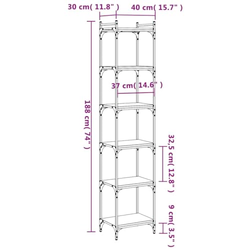 Black Engineered Wood Bookcase with Metal Frame Tall Bookshelf 6 Adjustable Shelves Modern Industrial Standing Shelves for Living Room Office Storage - color: Black/74", size: 15.7"