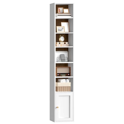 7-Tier Tall Narrow Bookshelf with Door, 70.9 Inches CD DVD Slim Media Tower Rack with Storage Cabinet, Adjustable Shelves, Skinny Bookshelf Display Bookcase for Home Office, White and Walnut - color: White + Walnut