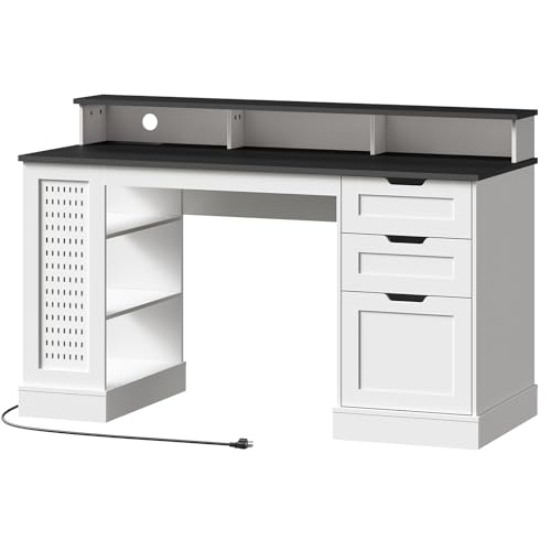 55-Inch Farmhouse Executive Desk with 2 Drawers and File Cabinet, Computer Desk with 3-Tier Storage Shelves, Home Office Desk with Charging Station, Pegboard and Monitor Shelf, White and Black - color: White and Black