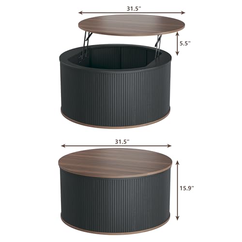 HUAHUU Round Coffee Table with Storage, 31.5" Lift Top Coffee Table, Mid Century Modern Coffee Tables for Living Room, Apartment Office, Fluted Table with Rustic Wood Desktop - color: Black & Brown, size: 31.5"D x 31.5"W x 15.9"H