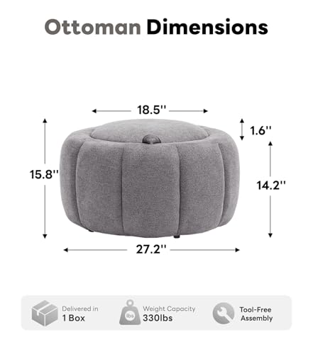 Tbfit Round Storage Ottoman - No Assembly Required, Storage & Sturdy Structure Multi-Functional Seat/Footrest for Living Room, Bedroom & Kids Room Soft Fabric for Family Home Use - color: Dark Gray-chenille