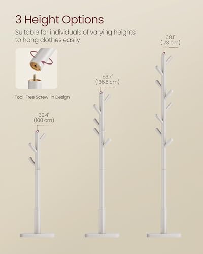 VASAGLE Solid Wood Coat Rack, Free Standing Hall Coat Tree with 8 Hooks, 3 Height Options, for Coats, Hats, Bags, Purses, for Entryway, Hallway, Rubberwood Hooks and Pole, Cappuccino Beige URCR010K01 - color: Cappuccino Beige, style: Square Base + Cylindr