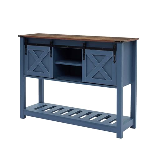 Farmhouse Entryway Table with Sliding Barn Doors, Wood Console Table with Storage Shelf, Rustic Sofa Table for Living Room, Entryway, Foyer, Blue - color: Blue