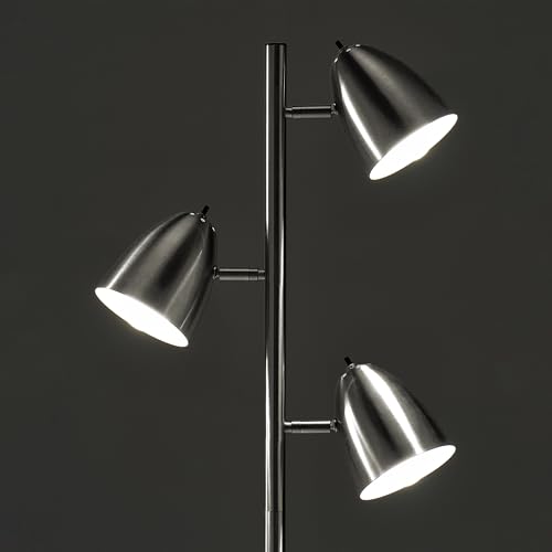 Brightech Jacob LED Standing Lamp, Modern Bright Floor Lamps for Living Rooms & Bedrooms, Tall LED Lighting Lamp with Adjustable 3 Light Tree – Satin Nickel - color: Nickel