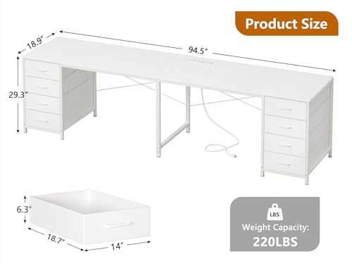 95" 2 Person Desk with 8 Fabric Drawers for Home Office, Living Room | Long Computer Desk Office Desks with Storage, Two Person Double Desks with Power Outlets, White - color: White, size: 18.9"D x 94.5"W x 29.3"H
