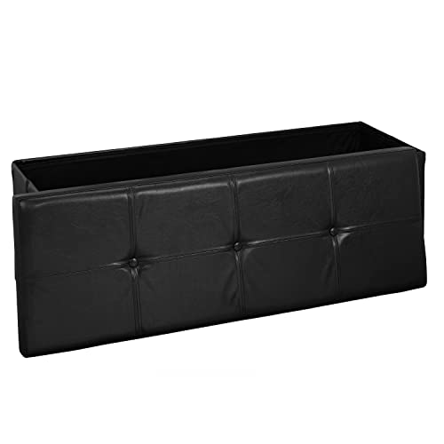 Simplify Faux Leather Folding Storage Ottoman | Triple | Collapsible | Tufted Padded Seating | Foot Rest | Bench | Toy Box | Black - color: Black, size: 15"D x 44"W x 15"H