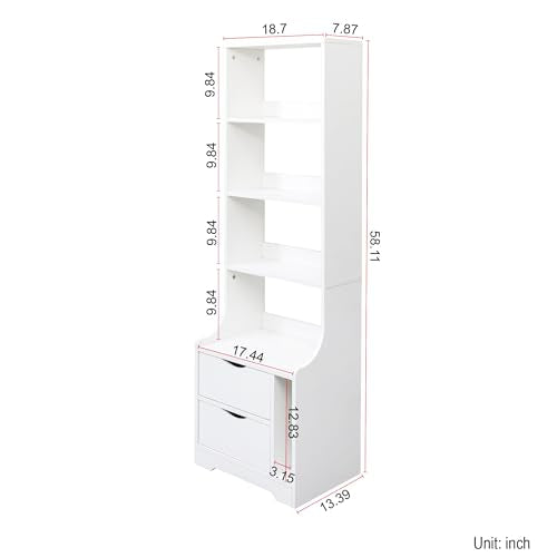 Farmhouse 58-Inch Night Stands with Bookshelf & 2 Storage Drawers, Tall Nightstand with Storage Shelves for Bedroom, Living Room, Study, Vertical Space Saving Design (White) - color: White