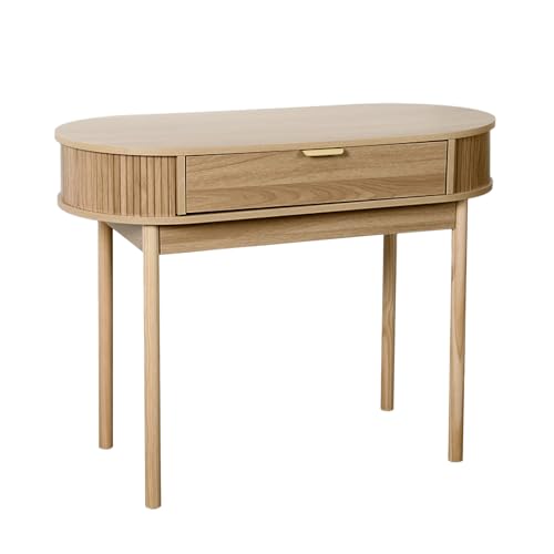 Fluted Small Computer Desk with Drawer, 40 Inch Mid-Century Modern Writing Desk with Solid Wood Legs,Compact Study Table for Small Spaces, Home Office, Bedroom,Walnut - color: Walnut