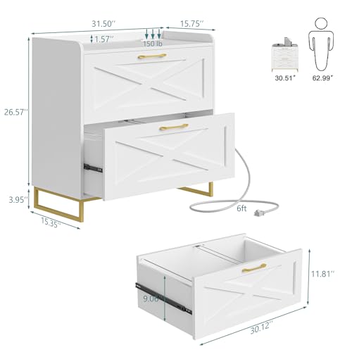 Vabches 2 Drawer Lateral File Cabinet with Charging Station, White and Gold | Modern Farmhouse Large Wood File Storage Cabinet for Legal/Letter/A4 Size Hanging Files,Printer Stand for Home Office - color: White