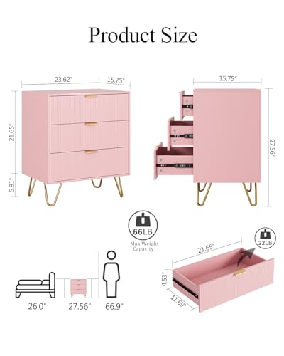 3 Drawer Dresser for Bedroom, 27.6" Modern Storage Dresser, Pink | Modern Chests of Drawers, Small Storage Bedroom Dresser with Gold Handles, Large Fluted Nightstand with 3 Drawers for Bedroom - color: Pink