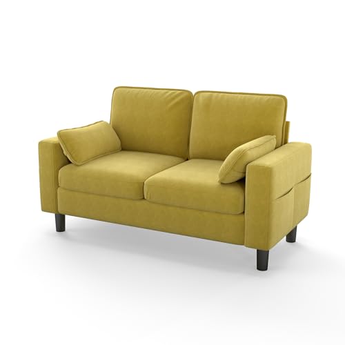 KINTNESS 56” Modern Loveseat Sofa, 2-Seater Sofa Couch with Deep Seat & Armrest Pillow, Sectional Sofa Loveseat for Bedroom, Living Room, Removable Covers, Ergonomic Height, Non-Slip, Yellow - size: 2 seater