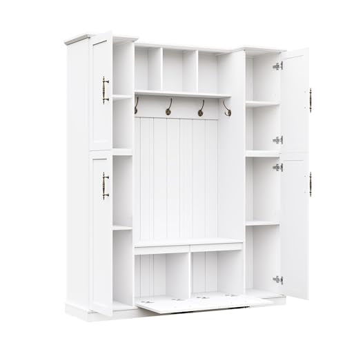 JIVOIT Farmhouse Hall Tree with 4 Side Cabinets, Adjustable Shelves & Open Cubbies, All-in-One Mudroom Furniture, Beadboard Entryway Bench with Coat Rack & 5 Hooks for Hallway (White,152) - color: White,152