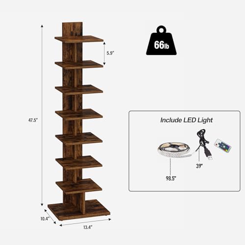 TUTOTAK Book Shelf, Narrow Spine Bookshelf, 8-Tier Bookcase with LED Lights | 10.4 x 13.4 x 47.5 Inches Vertical Freestanding Corner Shelf for Living Room, Office, Small Space, Brown BS06BB008L - color: Brown(led Ligths)
