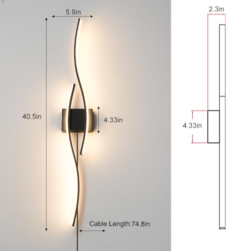 Daunton Modern Plug in Wall Sconces Set of Two, RC Dimmable LED Plug in Wall Light, Black Sconce Wall Lighting for Living Room, Hallway, Bedroom - color: Black, size: 40.5in A plug in