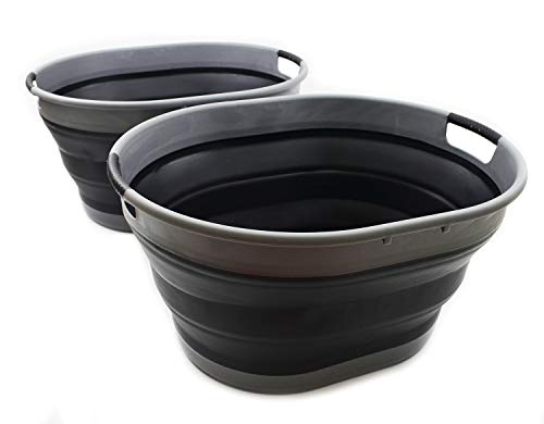 SAMMART 25L(6.6 gallon) Collapsible Plastic Laundry Basket-Oval Tub/Basket-Foldable Storage Container-Portable Washing Tub-Space Saving Laundry Hamper, Water capacity 20L(5.28 gallon)(2, Grey/Black) - color: Grey/Black