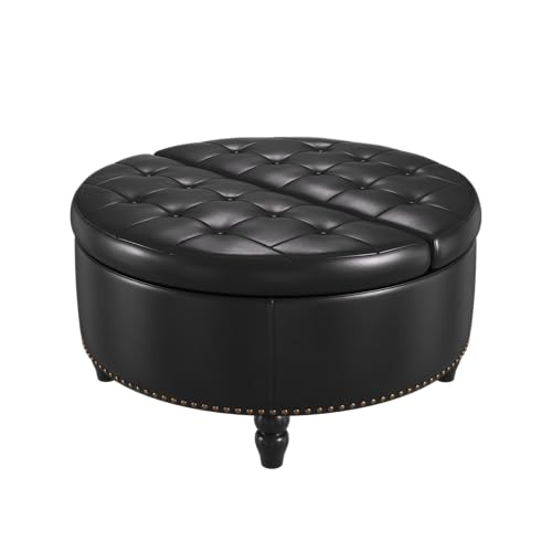 FiveWillowise 30 Inch Large Round Ottoman with Storage Circular,Black | Leather Coffee Table with Lift Top,Modern Upholstered Button Tufted Footrest Stool Solid Wood Legs for Living Room,Bedroom - color: Black