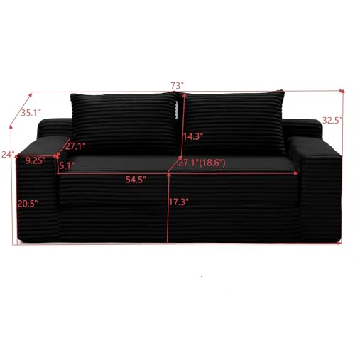 73" Corduroy Cloud Loveseat Sofa, 2-in-1 Convertible Sleeper Sofa Bed with Memory Foam, No-Assembly Sofa-in-a-Box for Small Spaces Living Room/Apartment/Office (Black) | Corduroy - color: Black
