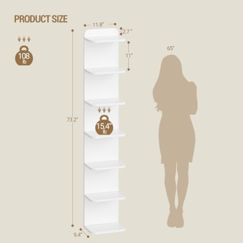 Hzuaneri 7 Tier Floating Bookshelf, Bookcase for Wall Mounted | Tall Narrow Bookcase, Space-saving, Decorative Display and Storage Shelf, for Kitchen, Living Room and Bedroom,BC88803X