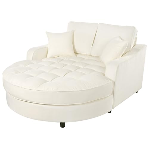 55" Modern 2-Seater Chaise Lounge Sofa Bed - Chenille Upholstered Loveseat Couch with Tufted Seat & Detachable Pillows, Space-Saving Sleeper Sofa (Beige) - color: Beige