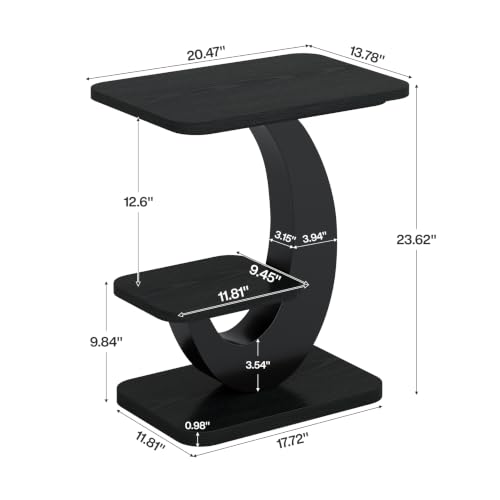 Tribesigns 2-Tier Narrow Side Table, End Table, Bedside Nightstand, Black | Industrial Arc-Shaped Metal Frame, Storage Shelf, For Living Room, Bedroom, Small Spaces - color: Black