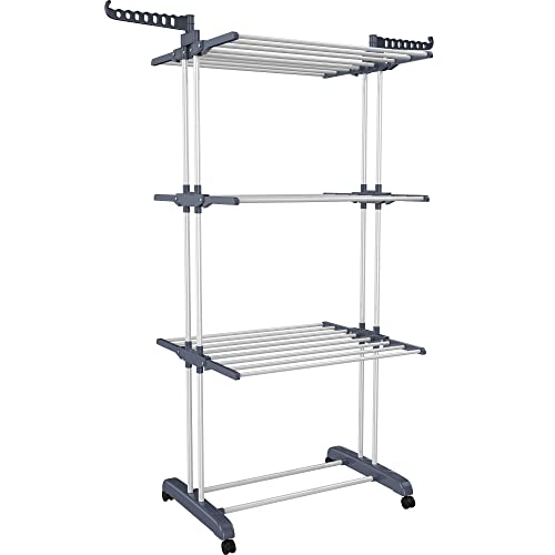 HOMIDEC Clothes Drying Rack, 4-Tier(67.7" H) Foldable Drying Rack Clothing | Foldable Stainless Steel Drying Rack, Movable Laundry Drying Rack with 4 Castors and 14 Hooks for Bed Linen, Clothing, Grey - color: Gray