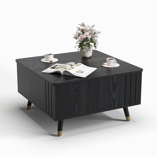 SULIVES Lift Top Coffee Table with Storage,Square Coffee Table with Lifting Top,Modern Center Table with Solid Wood Legs,Small Coffee Tables for Living Room,Black - color: Black_square