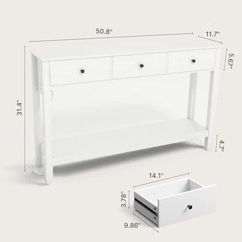 Gizoon Console Table with Outlets, | Modern Accent Sofa Table with 3 Drawers, Open Shelf for Living Room, Front Hall, Entrance Hall, Study Room, White - color: White, size: 51"W with Outlets