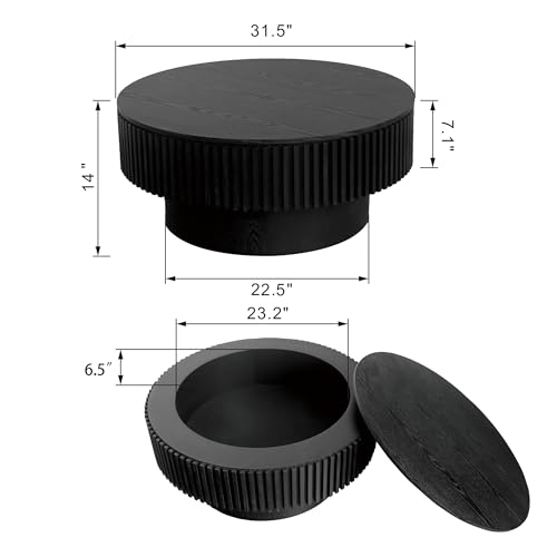 31.5'' Round Coffee Table for Living Room, Solid Wood Veneered Modern Nesting Coffee Tables with Storage, Circle Fluted Drum End Side Accent Tea Table for Bedroom Apartment Office, Black - color: Black, size: 31.5"x31.5"x14"