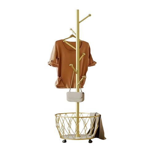 Gold Moveable Tree Metal Coat Rack with Basket Freestanding 65" | Organizer for Scarf Jacket Hat Bags Ideal for Home Entryway Bedroom Corner Stable - color: gold