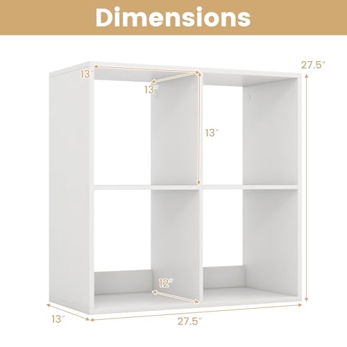 4 Cube Storage Organizer, 2 Tier Floor Standing Bookcase | Small Bookshelf for Small Spaces, Wooden Open Display Shelf for Living Room, Bedroom, Study, White Bookshelf with Open Back - size: 4 Cubes